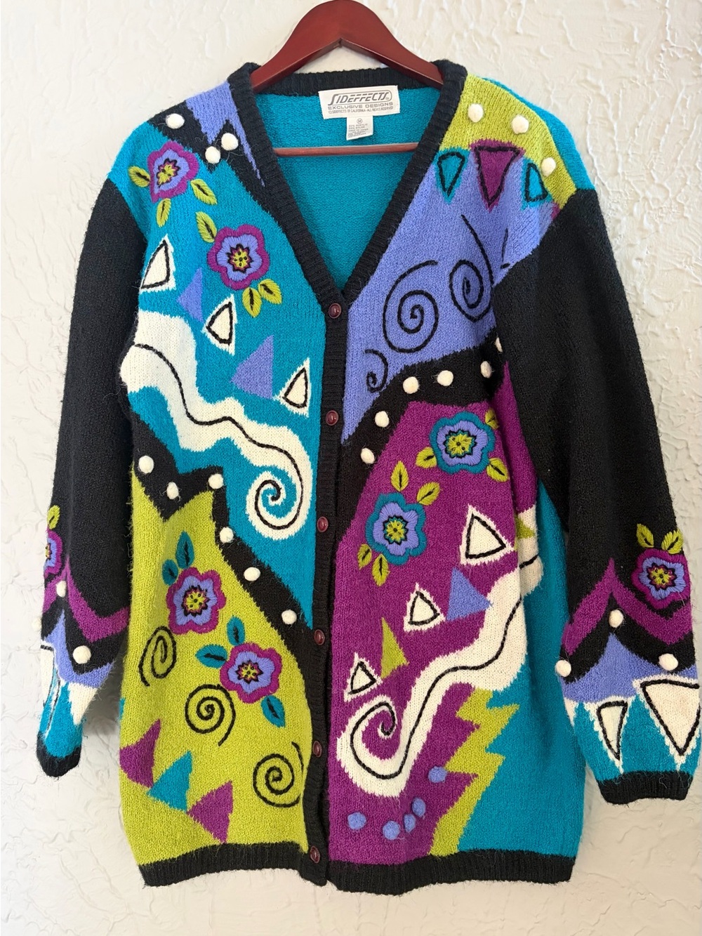 VTG Sideeffects Women Cardigan Sweater Sz M Oversized 80s 90s Geometric Colorful